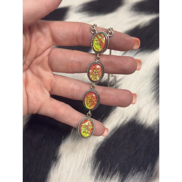 Native American Sterling Silver Pink Fire Opal 4 Stone Lariat Dangle Necklace - Picture 1 of 9